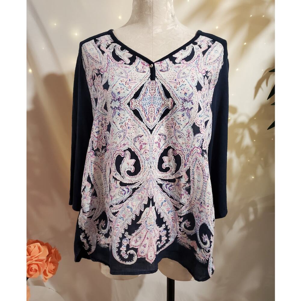 Chicos Womens Paisley 100% Linen 3/4 Sleeve V-Neck Top Size 2 US L 12 Boho Blue